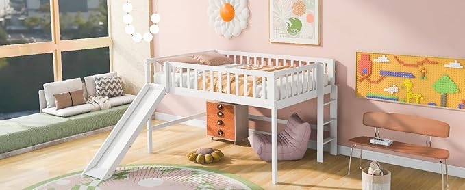 Flieks Full Size Low Loft Bed Frame for Boys Girls Kids Adults Toddler for Boys Girls Kids Adults Toddler with Ladder and Slide,White