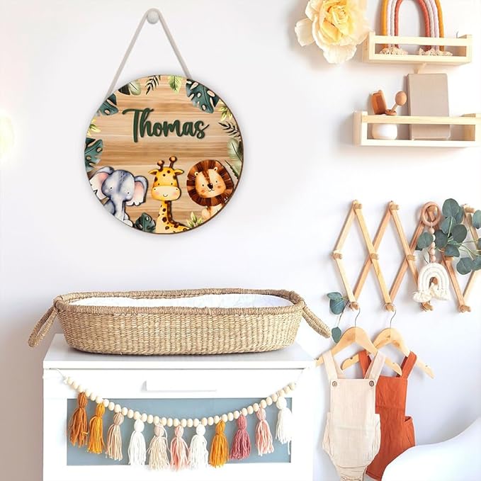 Custom Name Wooden Door Sign | Animal Wall Art | Nursery Decor, Bedroom Decoration, Playroom Wall Hanging, Little Boys & Girls Room Décor