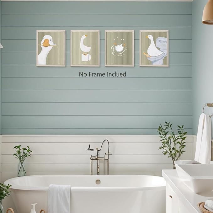Wheatwin Kids Bathroom Decor, Goose Nursery Animal Poster Prints, Bathroom Wall Decorations for Kids Toddler Boys Girls Toilet Washroom Farmhouse, 8x10 Unframed 4Pcs - Sage Green
