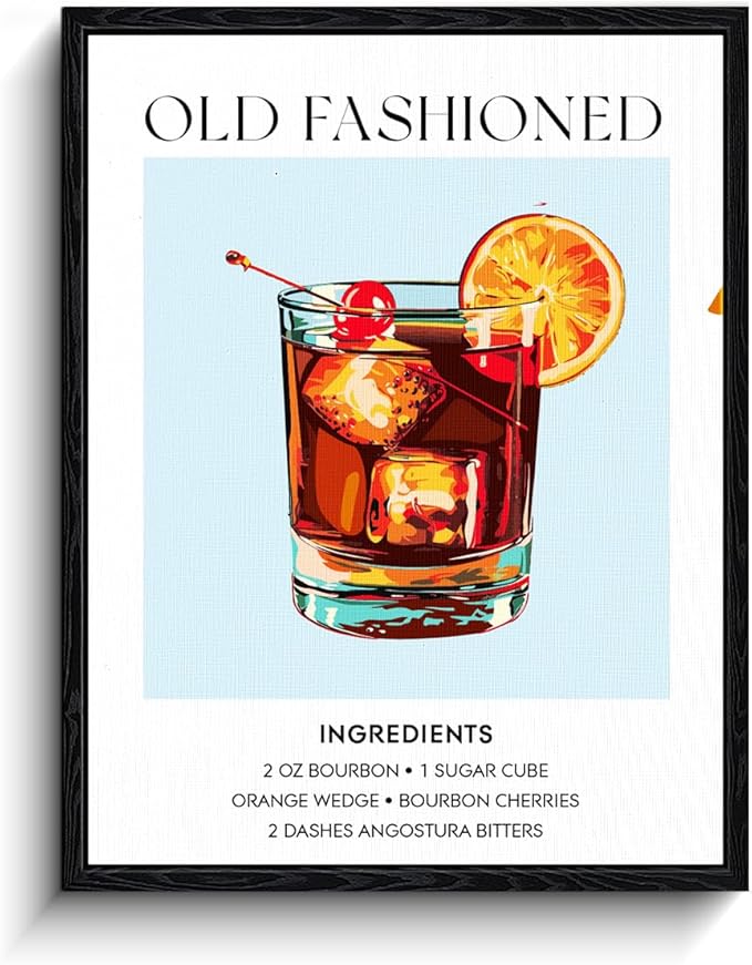 Old Fashioned Cocktail Wall Art, classic bourbon recipe list, kitchen bar wall decor, matte finish framed canvas print, cocktail bar poster, for kitchen home bar housewarming gift, 12x15 inch