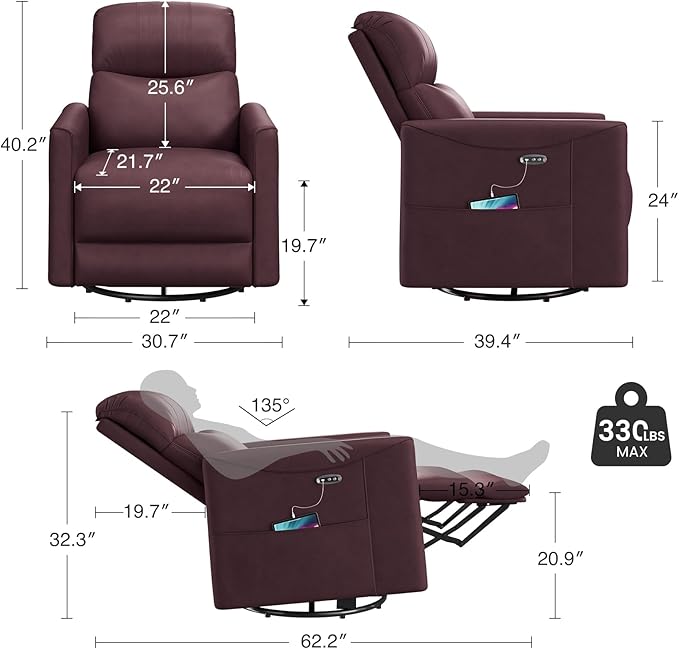 Power Swivel Rocker Recliner, 360° Swivel Nursery Rocking Chair, PU Leather Glider Rocking Recliner, Infinite Position Electric Chair for Adults with USB Port for Living Room, Burgundy