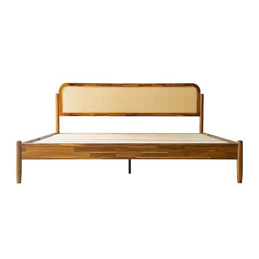 King Size Bed Frame Solid Wood Platform Bed with Headboard & Footboard, 12 Sturdy Slatted Base, Metal Legs, No Box Spring Needed, Noise-Free & Slip-Free, Easy Assembly, Acacia Honey Finish, JMK-38