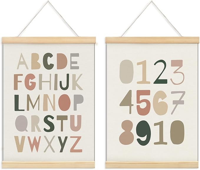 ULEGIE Alphabet Numbers Poster Hanger Frame Set of 2, Playroom Decor, Nursery Wall Decor, ABC Banner Poster Wall Art with Wooden Frames, Alphabet Banner Wall Hanging Decor for Toddler Playroom Nursery 12x16 Inch.