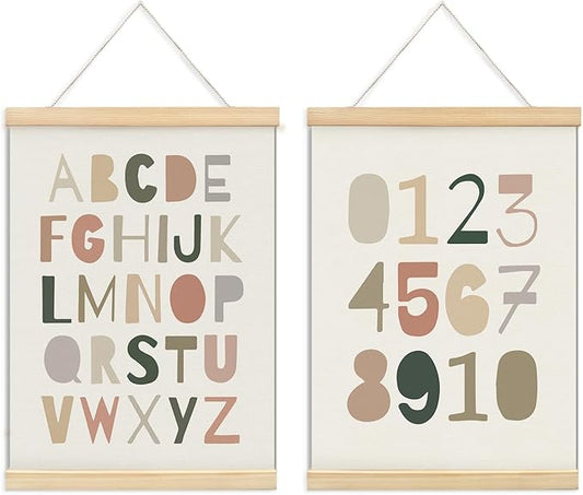 ULEGIE Alphabet Numbers Poster Hanger Frame Set of 2, Playroom Decor, Nursery Wall Decor, ABC Banner Poster Wall Art with Wooden Frames, Alphabet Banner Wall Hanging Decor for Toddler Playroom Nursery 12x16 Inch.