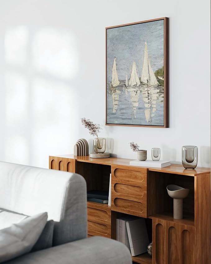 ARPEOTCY Vintage Framed Canvas Wall Art, 16x24inch, Farmhouse Sailboat Large Wall Decor, Nautical Lake Art Prints Home Decorations, Seascape Hanging Paintings for Living Room Bedroom Office Decor