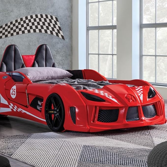 MASARA Race Car Twin Bed with LED Lights, Music Player, Magnetic Doors (Red)