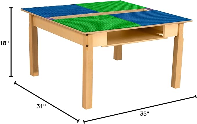 Contender Time-2-Play Square Blue & Green Birch Hardwood All Purpose School Activity Lego Compatible Table with Trough and Shelf for Kids with 18" Long Wood Legs