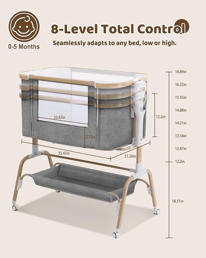 Baby Bassinet, Rocking Bedside Sleeper, Detachable & Portable Bassinet with 8-Level Height, Breathable Mesh, Storage Basket & Rotating Mobile Toy for Newborns Infant(Light Grey)