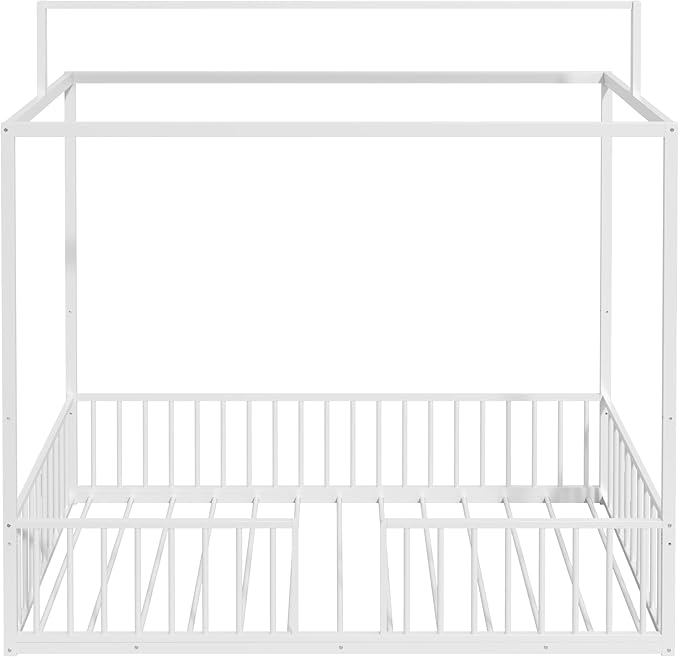 Merax Twin Size 3-in-1 Convertible Montessori Floor Bed, Metal House Bed Framefor Kids, Montessori Floor Beds with Fence,Playhouse for Kids,White