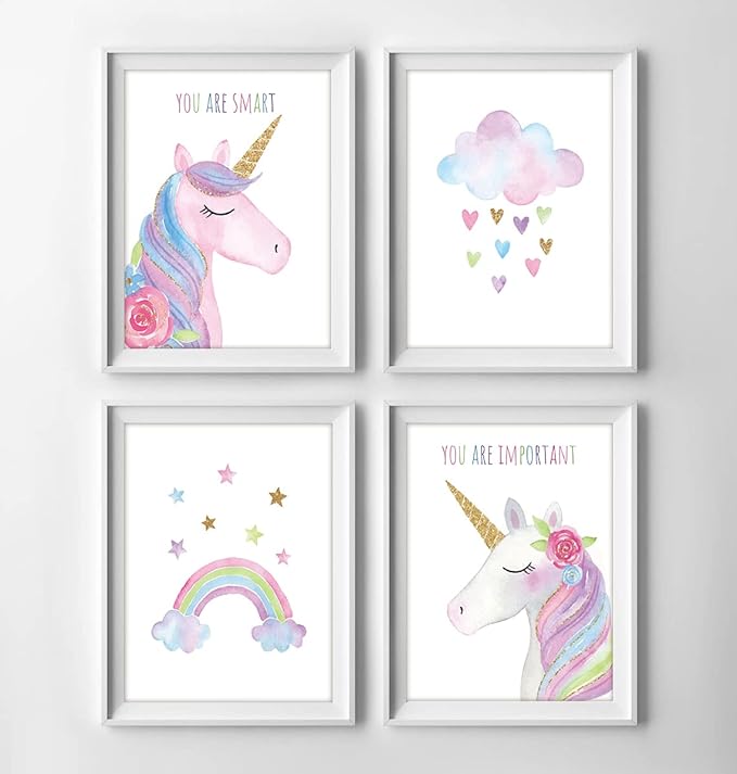 Watercolor Unicorn Nursery Wall Art Girls Room Decor Inspirational Rainbow Flower prints Baby Girls Room Poster Colorful Picture Cute Paintings for Kids Room Lovely Gift (8x10 inch，Set of 4，Unframed)