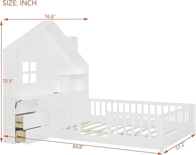 Full Size Kids Floor Bed with Safety Fence, Solid Wood Montessori Platform Bed with House Shape Headboard with Bedside Drawers, Shelves, Sockets and USB Port for Kids Boys Girls (White-LF)