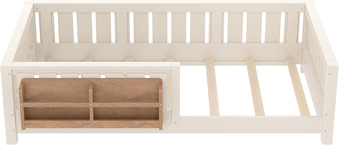 Bellemave Twin Size Floor Bed with high Rails and with Built-in Bookshelf for Kids, Girls, Boys, Wood Montessori Floor Bed Without Door, Beige