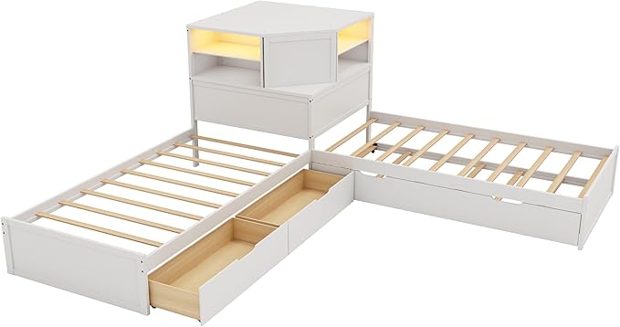 Harper & Bright Designs Twin L-Shaped Corner Bed with Trundle, Double Twin Beds in One, 3-in-1 Platform Bed with Built-in Nightstand and LED Light for 2 Kids