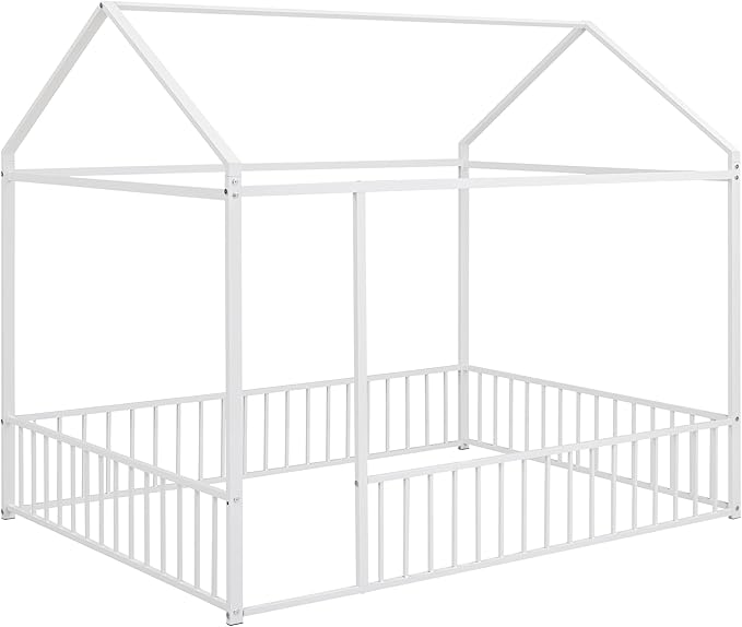 Bellemave Full Size Montessori Floor Bed, Metal House Bed Framefor Kids, Montessori Floor Beds with Fence, Playhouse for Kids, White