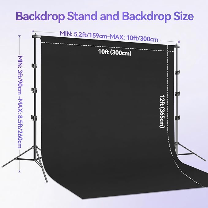 EMART 8.5X 10 ft Adjustable Photography Backdrop Stand Kit with 12x 10ft Black Curtain and Portable Large Format Screen with Polyester Material for Party, Live Game, Interviews, YouTube, TIK Tok