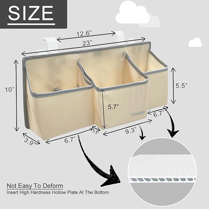 Hanging Baby Diaper Caddy, 3-in-1 Diaper Caddy Organizer Holder For Baby Crib, Nursery Organization Diaper Stacker Storage For Crib, Changing Table, Car, Wall-Beige