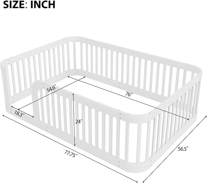 Full Size Floor Bed with High Rails, Montessori beds for Kids Solid Wood Bed Frame, White
