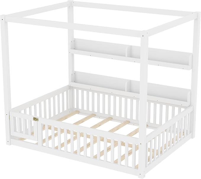 Bellemave Canopy Floor Bed Full Size with Safety Fence and Bookcase,Built in Four Poster Design,Full Montessori Floor Bed Frame for Toddlers,Kids,Boys,Girls,No Spring Box Needed（Full,White）
