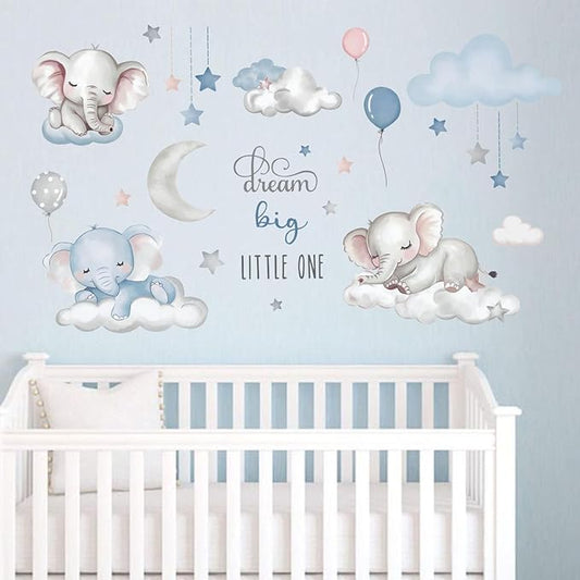 Dream Big Little One Elephant Wall Stickers,Dreamy Moon Stars Balloons Cloud Decor for Kids Room, Nursery & Play,Living Room,Bedroom