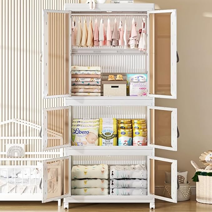 Kids Wardrobe Closet, 4Tiers Portable Foldable Children’s Clothes Organizer with Wheels Cabinet Toddler Dresser Storage Organizer with Hanging Rod & 6 Hangers for Kids Bedroom or Nursery