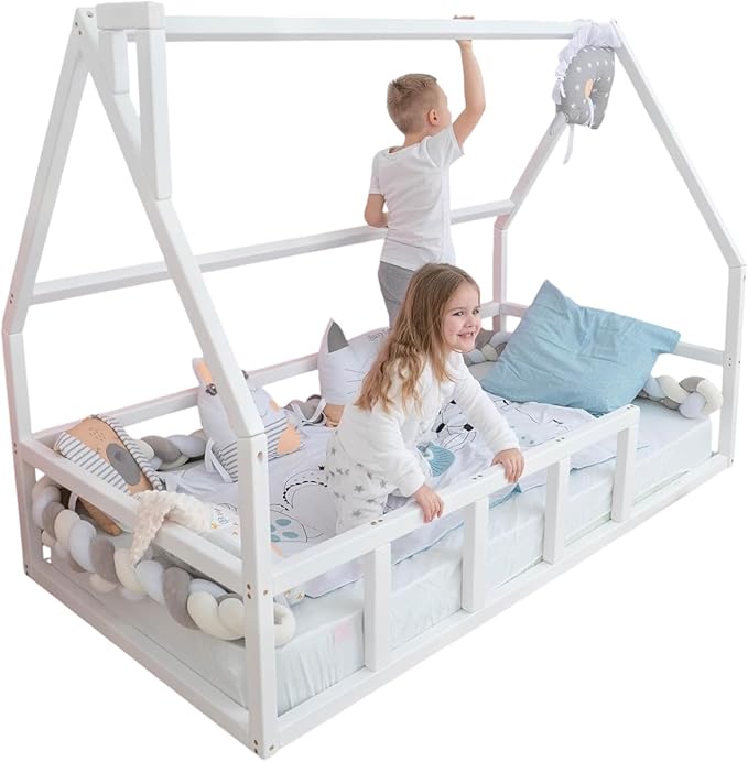 BUSY WOOD Montessori Floor Bed for Toddlers - Loft Bed - Twin Bed for Toddlers - Full Bed Floor - Kids Bed with Railings - Montessori Bed Frame - Montessori Bed - Platform Bed (Model 1)