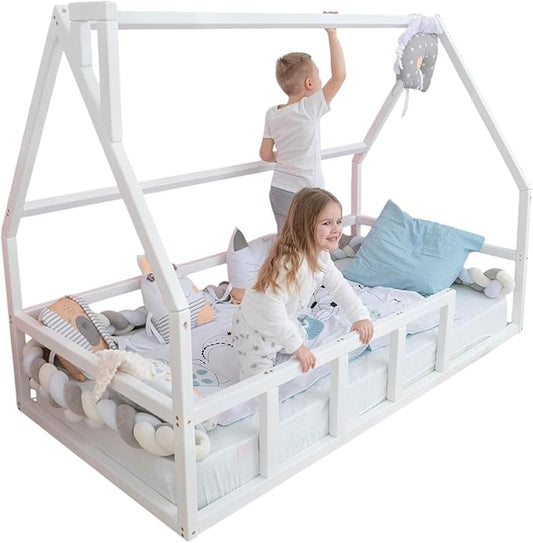 BUSY WOOD Montessori Floor Bed for Toddlers - Loft Bed - Twin Bed for Toddlers - Full Bed Floor - Kids Bed with Railings - Montessori Bed Frame - Montessori Bed - Platform Bed (Model 1)