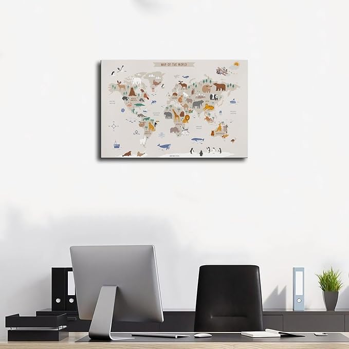 KIPNG Kids World Map - Playroom Animal World Map - Nursery Educational Poster Canvas Poster Wall Art Picture Paintings for Living Room Bedroom Decoration Frame-style16x24inch(40x60cm)
