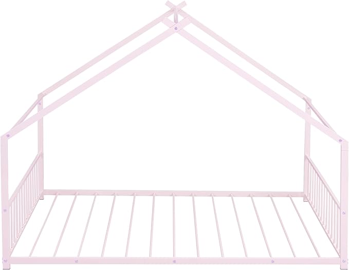 Full Size House Shaped Montessori Platform Beds, Wood Floor Bed Frame with Roof and Fence Deisgn, Kids Double Toddler Bed for Children Boys Girls, Easy Assemble, No Box Spring Needed, Pink