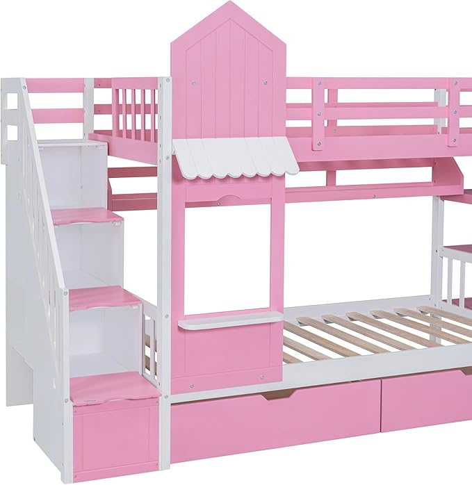MERITLINE Twin Over Twin Castle Bunk Bed with Slide,Stairs and Drawers,Solid Wood Floor House Princess Bunk Bed with Storage Shelves (Pink)