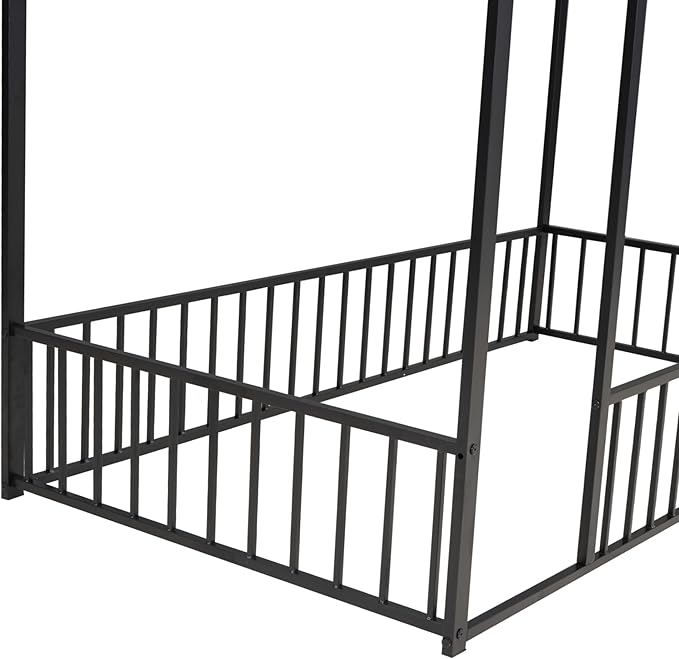 Bellemave Twin Size Montessori Floor Bed, Metal House Bed Framefor Kids, Montessori Floor Beds with Fence, Playhouse for Kids,Black