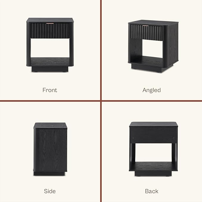 mopio Brooklyn Fluted Nightstand, Modern Farmhouse Nightstand, Small Side, Wood Bedside Table with Drawer, End Table with Storage, Fluted Night Stand, Curved Profile (Black Oak, Single)
