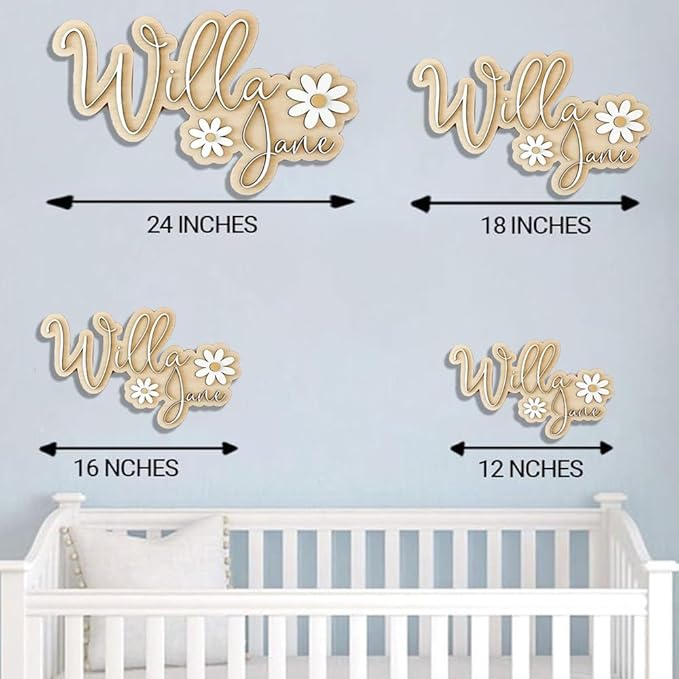 Personalized Nursery Name Sign, Custom Wooden Name Sign with Flowers, 3D Layered Wood Wall Decor for Baby Girl Room, Boho Floral Kids Room Name Plaque, 2 Layer /5