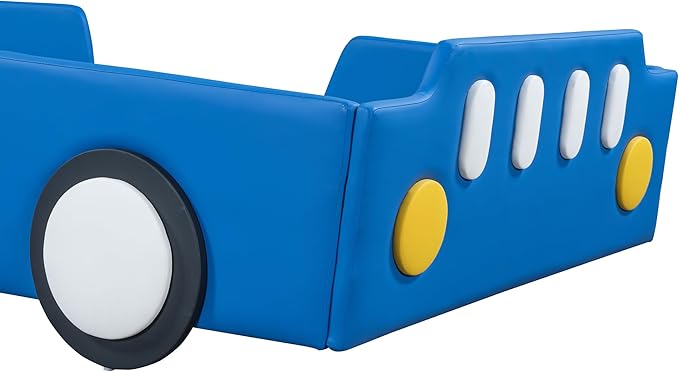 Ball & Cast Twin Size Race Car Shaped Platform Bed with Wheels,Wood Low Floor Bed Frame w/Rails & Headboard and Footboard,Slat Support,No Box Spring Needed,for Apartment,Dorm,Blue
