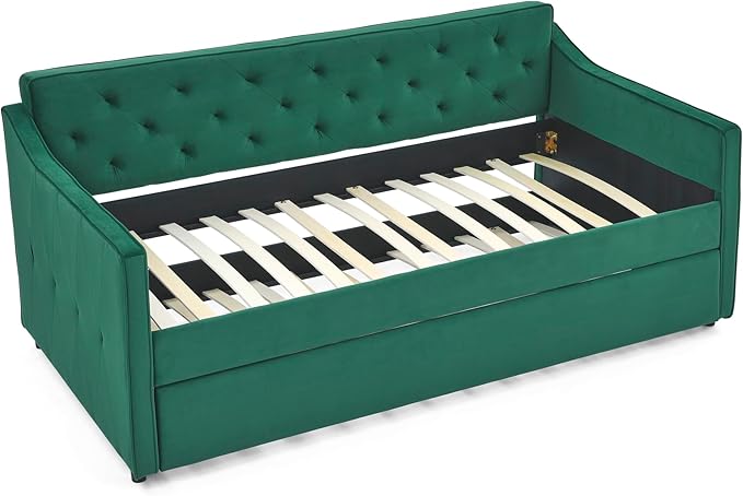 Bellemave Twin Upholstered daybed with Trundle, Velvet Sofa Bed Twin Size, daybed with Trundle for Adults, Kids, Girls, Teens, for Living Room, Green