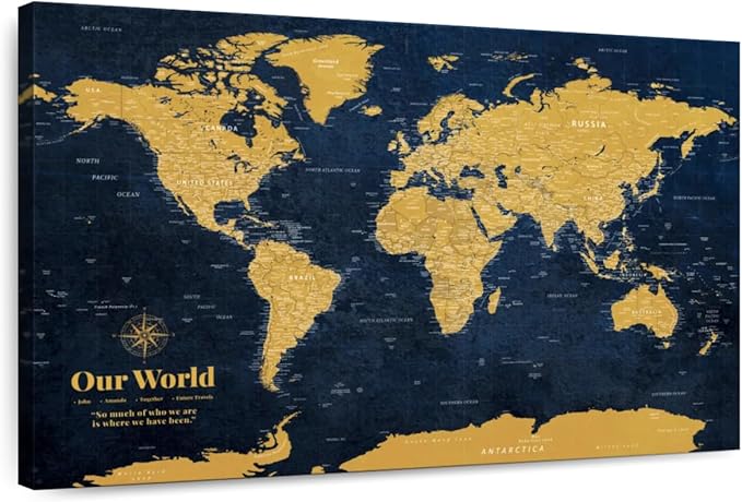 ElephantStock - Personalized Push Pin World Map - Gold Wall Art - Horizontal Canvas Wall Art - Living Room Wall Decor - Digital Art Map Canvas Art - Orange And Blue Decor - 24" x 16"