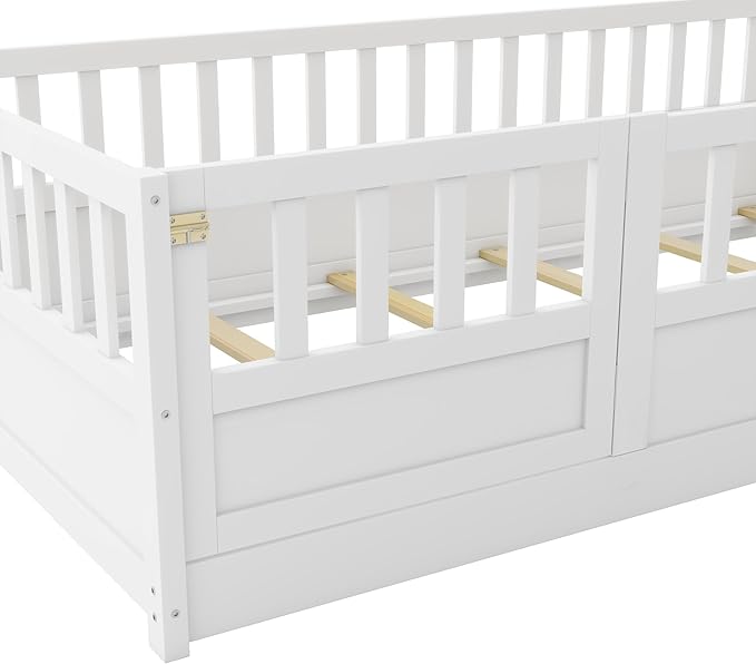 Bellemave Twin Floor Bed with Slats and High Fence, Twin Size Montessori Floor Beds with Door, No Box Spring Needed, Easy Assemble Montessori Bed Frame(White Twin)