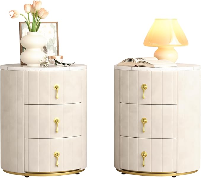 Bellemave Set of 2 Upholstered Nightstand with 3 Drawers, Two Round Bedside Tables with Metal Handles, Velvet End Tables, Marbling Stickers Top Nightstands (Beige)