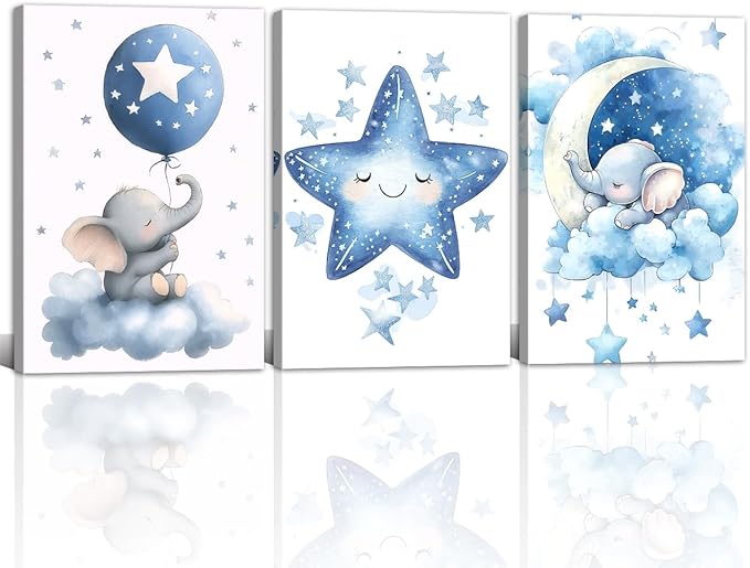 Nursery Canvas Wall Art Elephant Pictures Wall Decor Moon and Stars Painting Baby Boy Prints Cute Animal Poster Artwork for Kids Room Bathroom Decor Framed(Baby-1,20L x 28W x 3Pcs)
