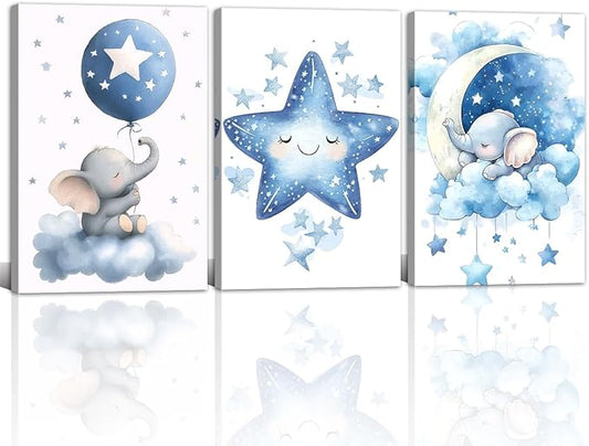 Nursery Canvas Wall Art Elephant Pictures Wall Decor Moon and Stars Painting Baby Boy Prints Cute Animal Poster Artwork for Kids Room Bathroom Decor Framed(Baby-1,24L x 36W x 3Pcs)