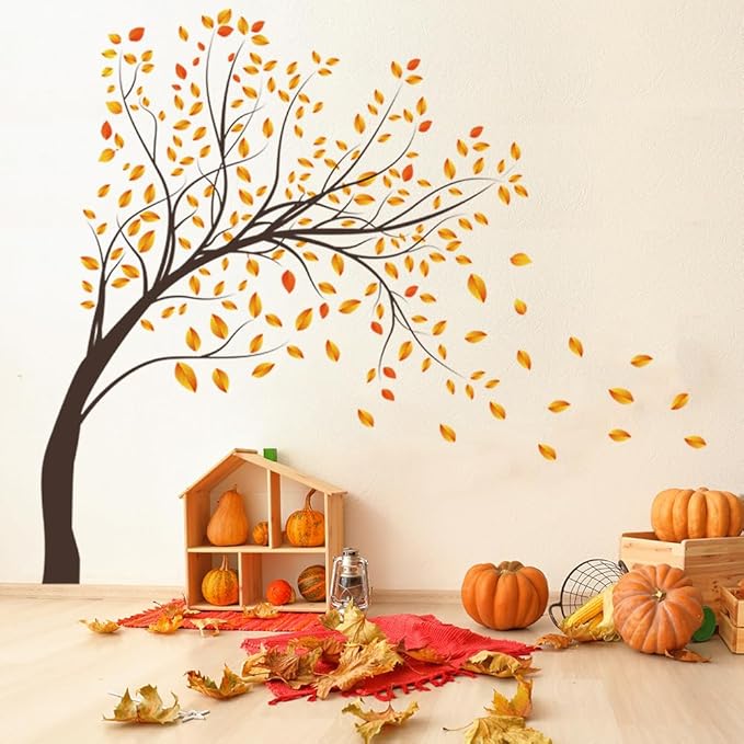 Autumn Tree Wall Decals Large Tree Wall Stickers DIY Peel and Stick Fall Yellow Leaves Wall Decor for Kids Girls Boy Bedroom Living Room Nursery Classroom Offices TV Sofa Background Decoration