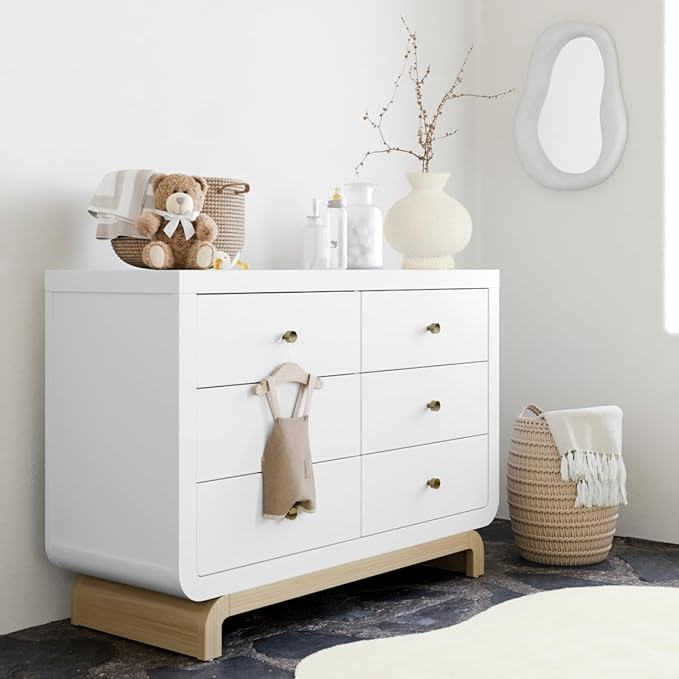 Storkcraft Santorini 6 Drawer Double Dresser (White with Driftwood) - GREENGUARD Gold Certified, Interlocking Drawer System, Dresser Drawer Organizer for Kids Bedroom