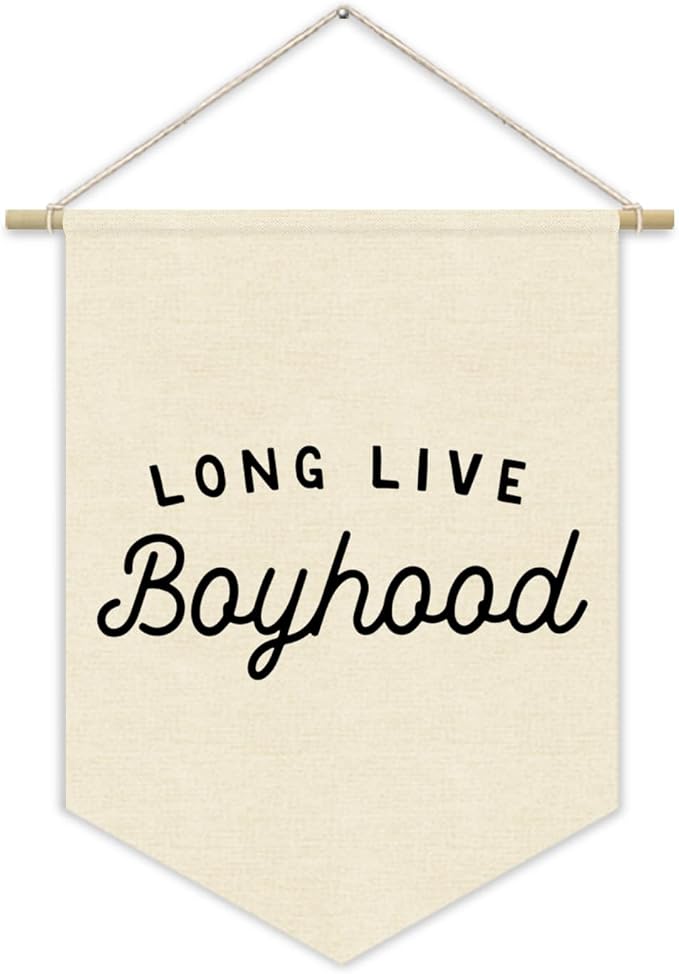 Boy Room Decor,Long Live Boyhood Canvas Banner Nursery Playroom Wall Decor for Boys Bedroom Toddler Decorations Teen Boy Room Decor,Playroom Decor Wall Hanging Flag 15x11 Inch（White)