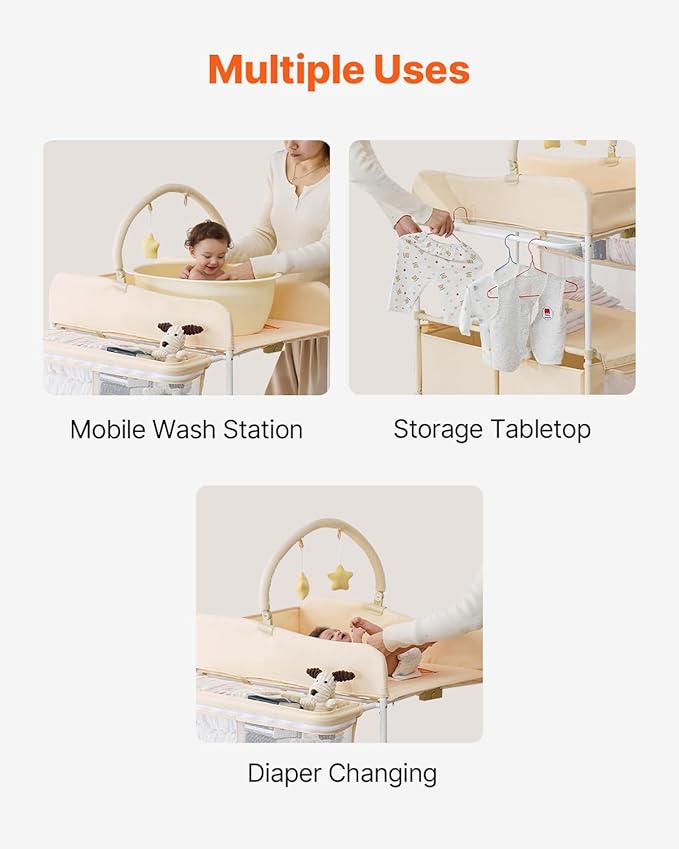 VEVOR Baby Changing Table, Adjustable Height Diaper Change Station with 2 Fabric Drawers, Side Basket and Hanging Rod, Foldable Changing Table with Lockable Wheels and 2 Star Toys, Light Beige