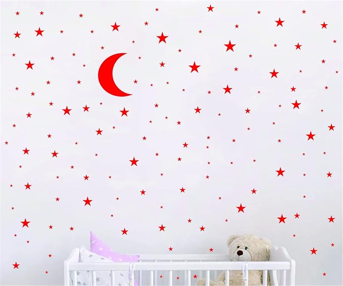 Moon and Stars Wall Decal Vinyl Sticker for Kids Boy Girls Baby Room Decoration Good Night Nursery Wall Decor Home House Bedroom Design YMX16 (Red)