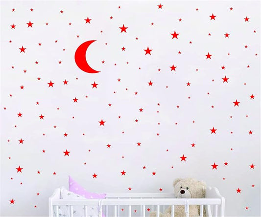 Moon and Stars Wall Decal Vinyl Sticker for Kids Boy Girls Baby Room Decoration Good Night Nursery Wall Decor Home House Bedroom Design YMX16 (Red)