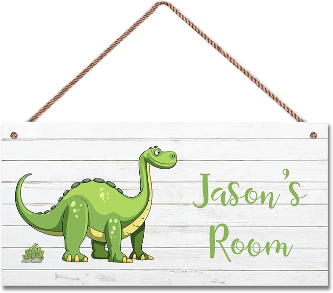 Personalized Dinosaur Sign, Cute Cartoon Art For Kids Room Custom Name Door Wall Decor, Floral Nursery Art Plate For Boys Room Girls Bedroom Little Man Cave