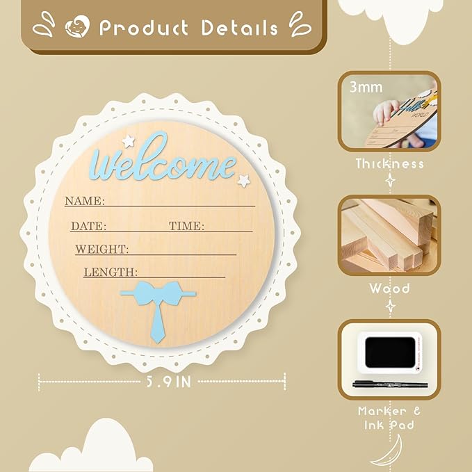 Baby Birth Announcement Sign - 3D Wooden Baby Birth Sign with Marker Pen, Tuxedo Blue Tie Newborn Name Announcement with Ink Pad for Girls Nursery Decor Keepsake Gift