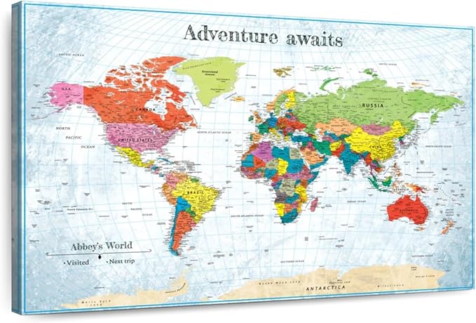 ElephantStock - Personalized Adventure Awaits IV Push Pin World Map Wall Art - Horizontal Canvas Wall Art - Living Room Wall Decor - Digital Art Map Canvas Art - Blue And Green Decor - 39" x 26"