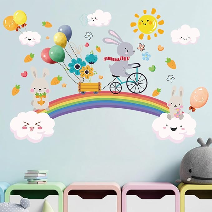 Rainbow Wall Decals for Girls Bedroom Easter Bunny Wall Murals for Living Room Décor Wall Decor Stickers & Murals 3D Rabbit Wall Art as Decorations