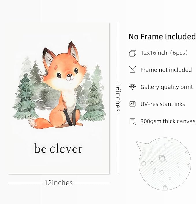 Wodkwq Nursery Wall Art Woodland Animal Canvas Prints Baby Girl Boy Room Decor Cute Poster Pictures Forest Theme Toddler Room Decoration Painting Set of 6 for Kids Bedroom Bathroom 12x16in Unframed